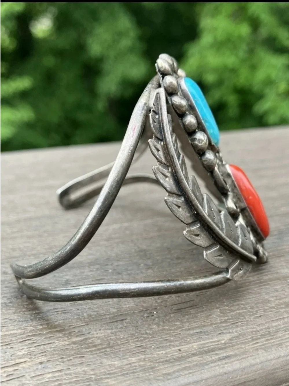 Turquoise & Red Jasper Mexico 925 Sterling Silver Cuff Bangle Bracelet Vintage - Picture 5 of 10